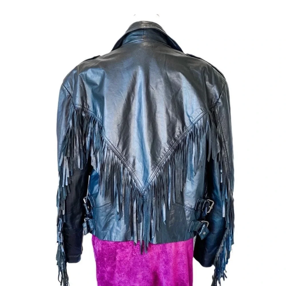 CHIA Fringe Leather Moto Biker Jacket With Buckles Size M - Picture 2 of 3